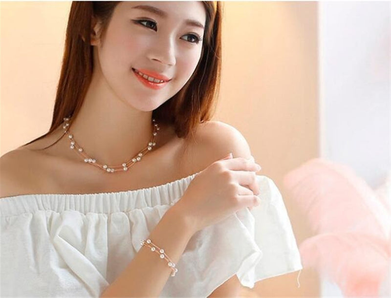 Imitation Pearl Golden Double Layer Earrings Necklace Bracelet Sets -2