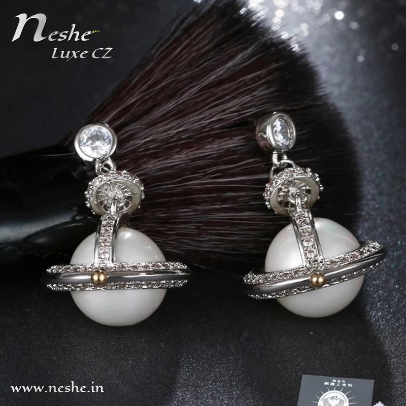 CZ Crystal Silver Pearl Planet Party Drop Earring - [neshe.in]