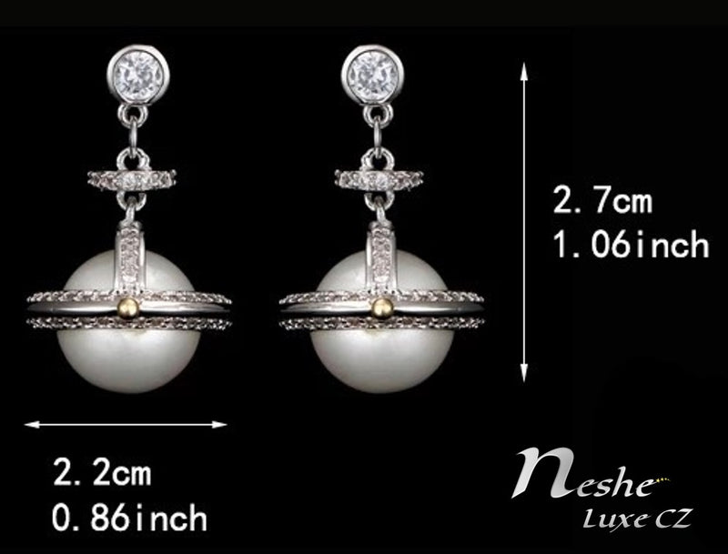 CZ Crystal Silver Pearl Planet Party Drop Earring - [neshe.in]