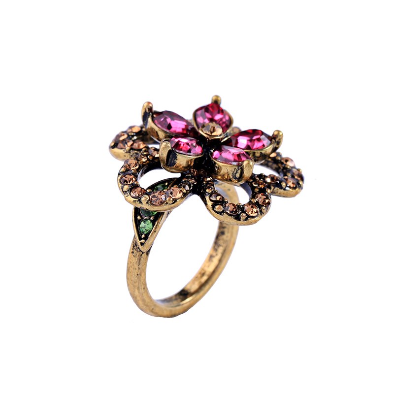 Antique Gold Pink Rose Crystal Party Ring - [neshe.in]