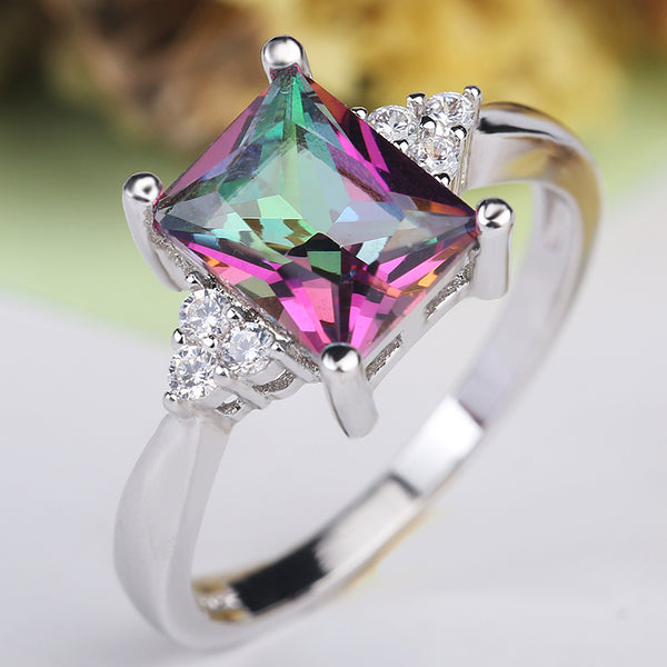 Bright Multicolor CZ Zircon Square Crystal Ring - [neshe.in]