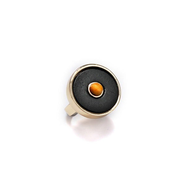 Geometric Golden Black Charcoal Adjustable Statement Ring - [neshe.in]