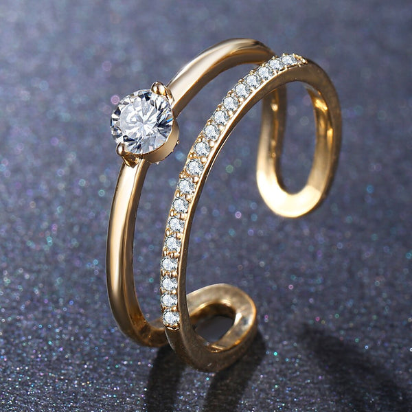 Geometric Cubic Zirconia Double Gold Crystal Ring - [neshe.in]