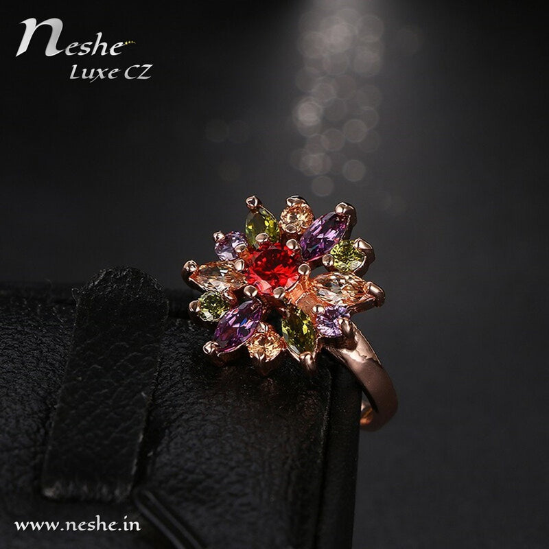 Golden Flower Colored Stone CZ Ring -2 Size