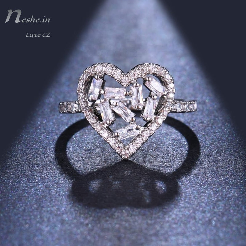 Heart Shape Silver CZ Crystal Hollow Out Design Ring (Size