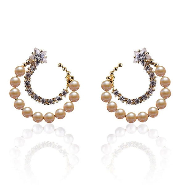Vintage Moon Pearl Stud Star Crystal Earrings - 2 Colors - [neshe.in]